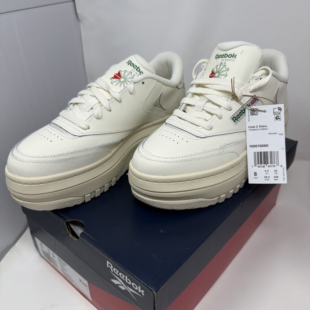 Reebok Club C Extra Platform Women’s Sneakers - Chalk/White Glen Green, Size 8 - Picture 1 of 8